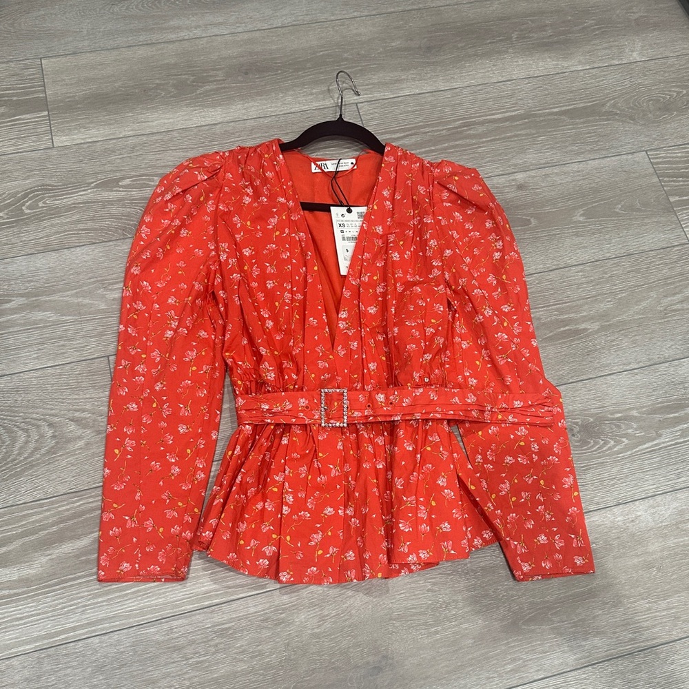 Zara Coral Long Sleeve Wrap Blouse